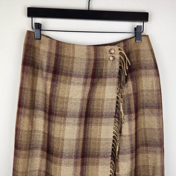 Vintage Talbots Wool Plaid Fringe Faux Wrap Midi Skirt sz 8 - Picture 3 of 8
